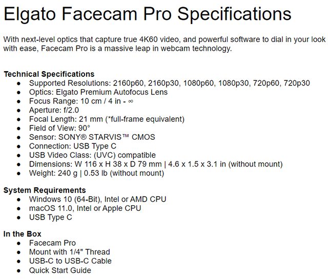 Elgato Facecam Pro, True 4K60 Ultra HD Webcam SONY Starvis Sensor